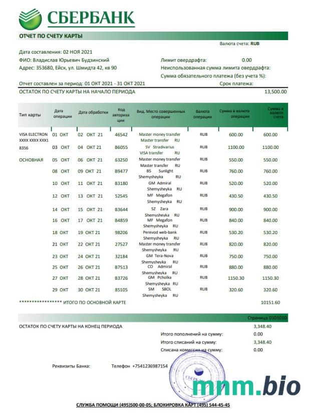 Russia Home Credit wzór wyciągu bankowego w formacie Word i PDF format, good for address prove